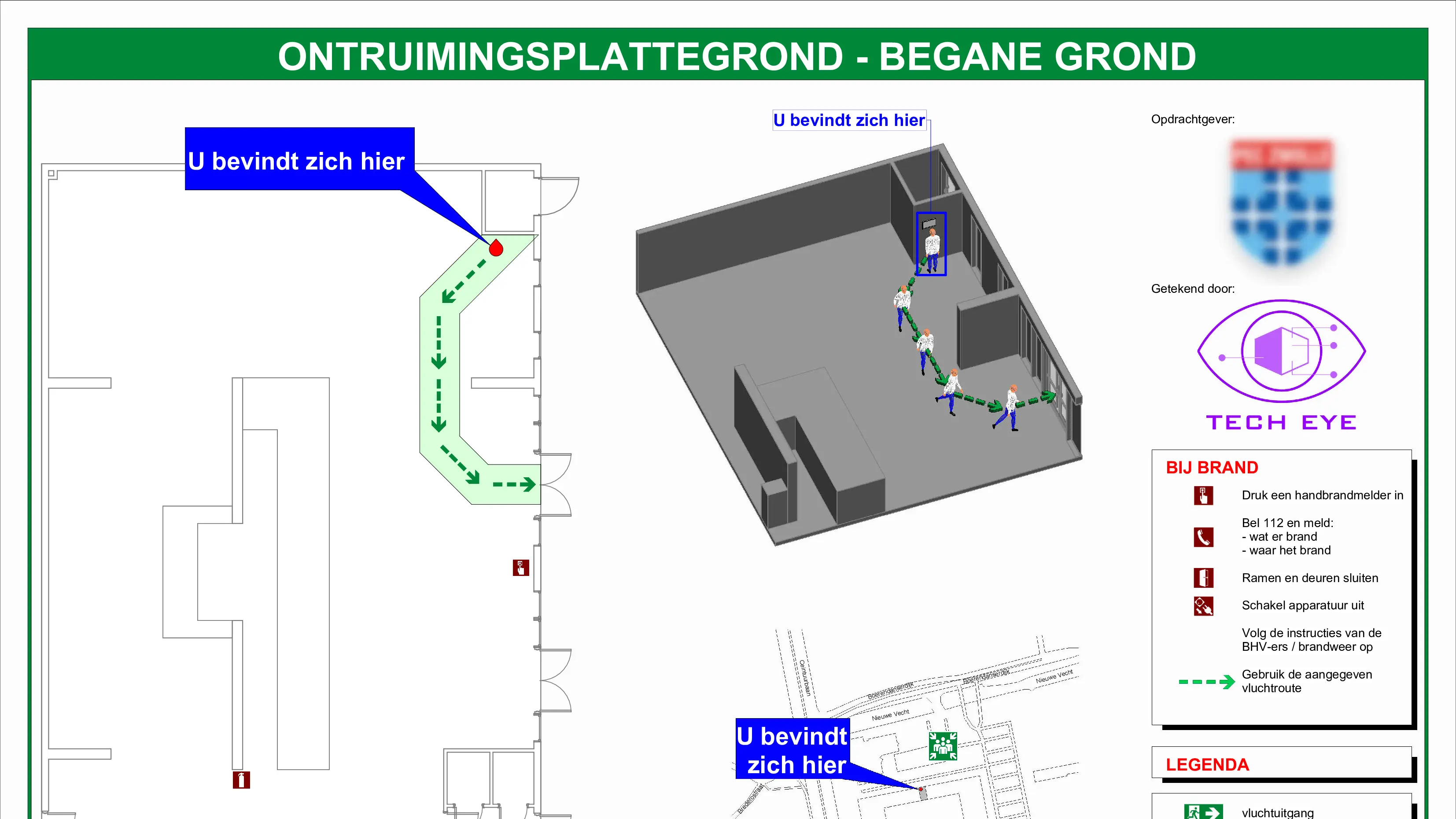 Ontruimingsplattegrond begane grond volgens NEN 1414-1:2019 – getekend door Tech Eye