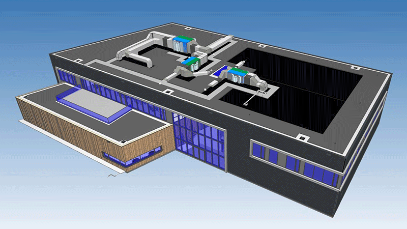 BIM-model met luchtkanalen en installaties op het dak – werktuigbouwkundig tekenwerk